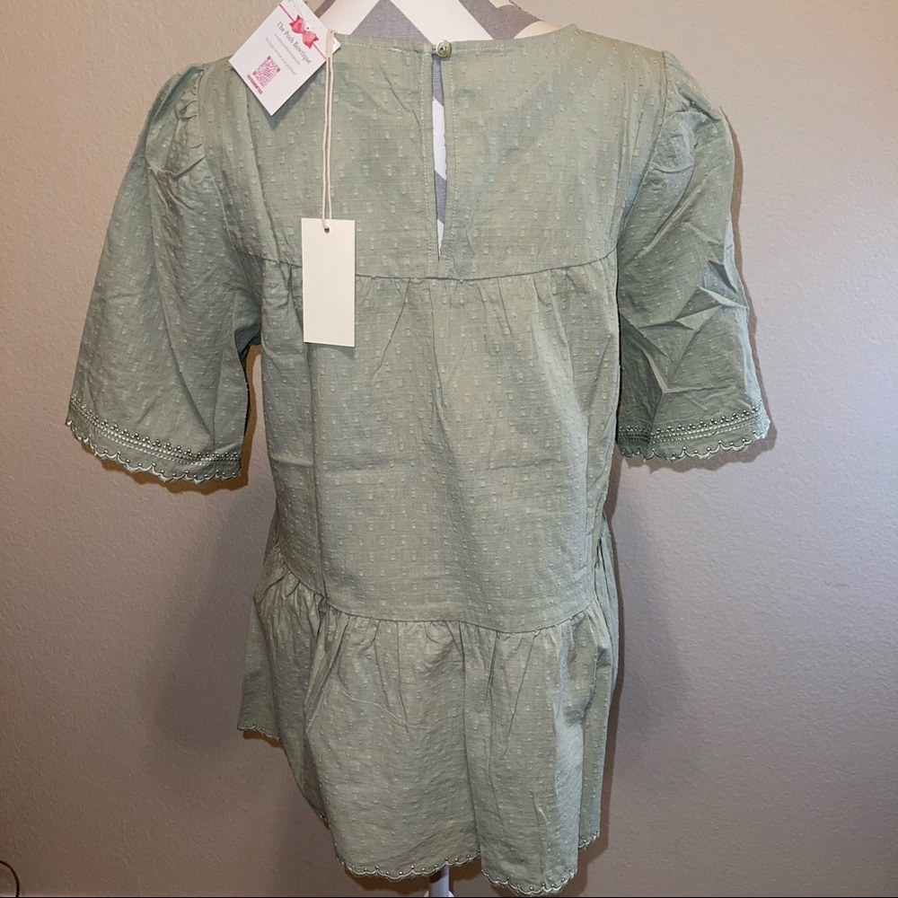 Sage Green Swiss Dotted Texture Cotton Scalloped Top Lurex Woven Detail S M L XL - Picture 12 of 14